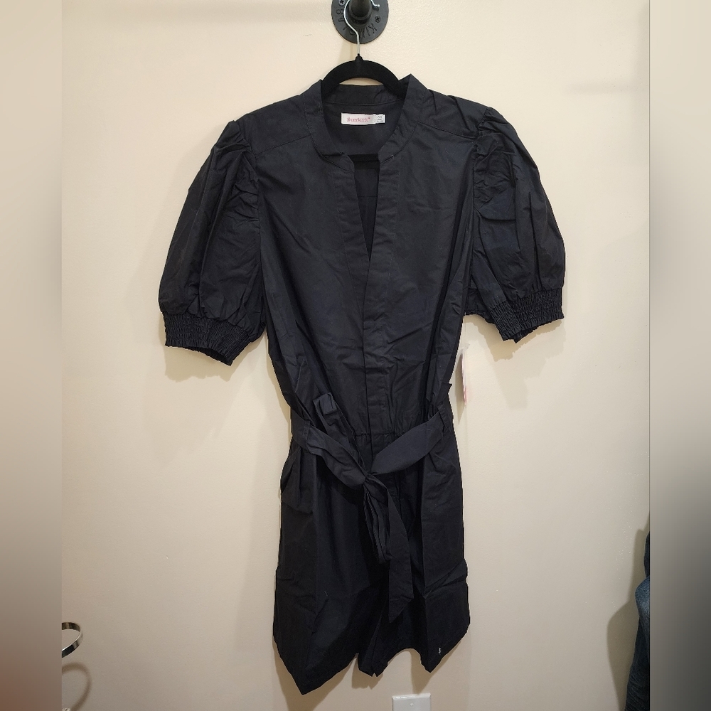 Poplin romper plus size black caviar collared short sleeve tie waist size 3x